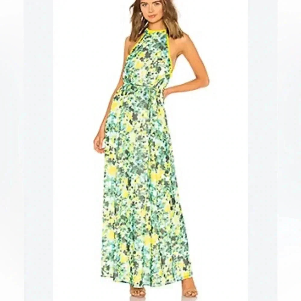 HOUSE OF HARLOW x Revolve Novia Maxi Dress L Kentucky Derby Green Yellow Floral